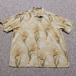 Tommy Bahama Shirt Men XL Yellow Floral Leaf Silk Hawaiian Camp Tiki Loop Collar